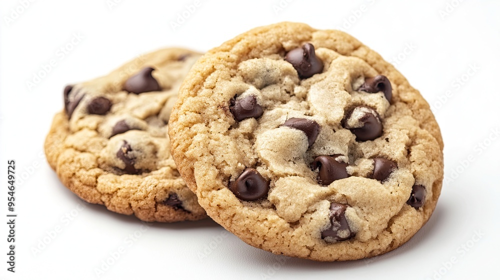 Two Homemade Chocolate Chip Cookies: Showcases two freshly baked chocolate chip cookies on a clean white background, highlighting their deliciousness. Two Homemade Chocolate Chip Cookies: Showcases two freshly baked chocolate chip cookies on a clean white background, highlighting their deliciousness.