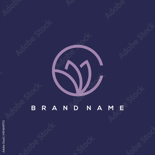 line art initial C with flower and leaves logo vector