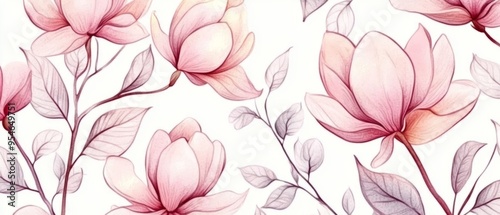 Seamless pattern with watercolor pink magnolia flowers and leaves on a white background.