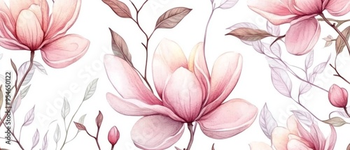 Seamless pattern with watercolor pink magnolia flowers and leaves on a white background.