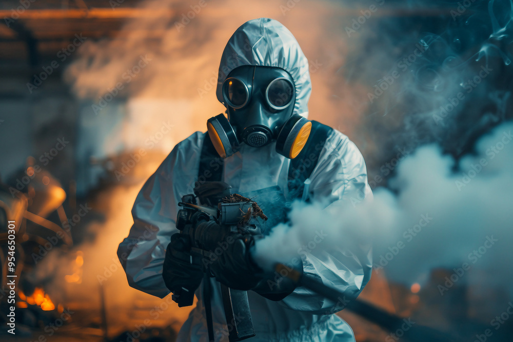 Generative AI illustration of people in biohazard protective clothes suits disinfection pollution gas radioactive elements Generative AI illustration of people in biohazard protective clothes suits disinfection pollution gas radioactive elements