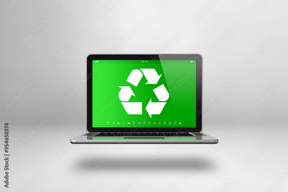 Laptop computer with a recycling symbol on screen. environmental conservation concept Laptop computer with a recycling symbol on screen. environmental conservation concept
