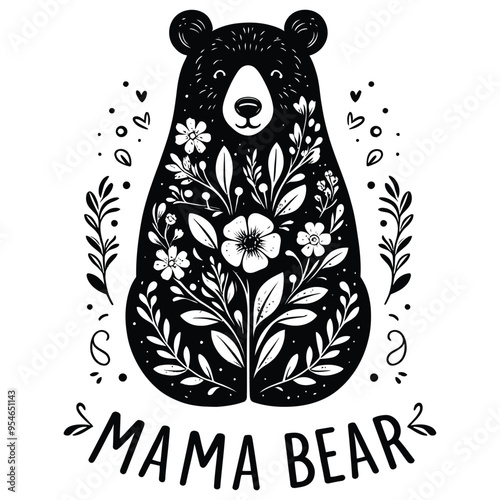 Mama Bear with Floral Design, Black and White Illustration, Perfect Mother's Day Card