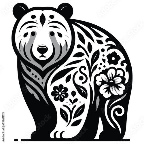 Ornamental bear illustration, black and white, floral and abstract elements, perfect for tattoos and decor