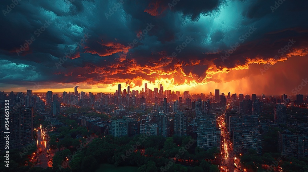 Urban skyline outline against a stormy sky, with dark clouds and dramatic lighting. Urban skyline outline against a stormy sky, with dark clouds and dramatic lighting.