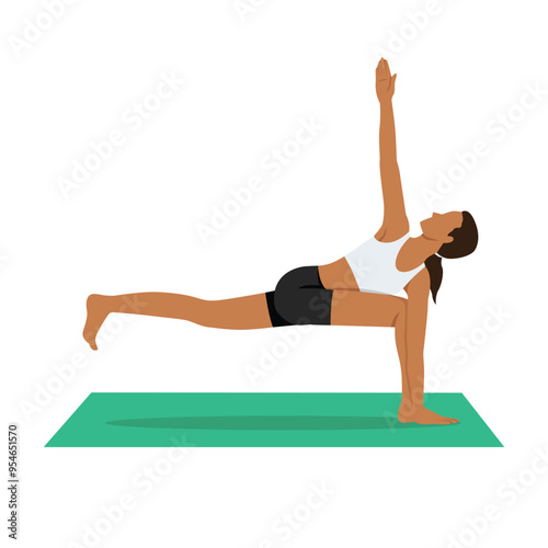 Young woman doing Figure Skater Pose or Pada Vakra Trikonasana yoga exercise. Flat vector illustration isolated on white background photo