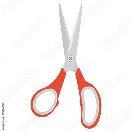 Open scissors with red rubber handles isolated on white background