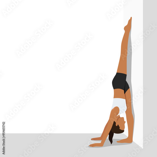 Woman doing Standing Split Pose Variation At Wall or Hanumanasana Variation At Wall yoga exercise. Flat vector illustration isolated on white background
