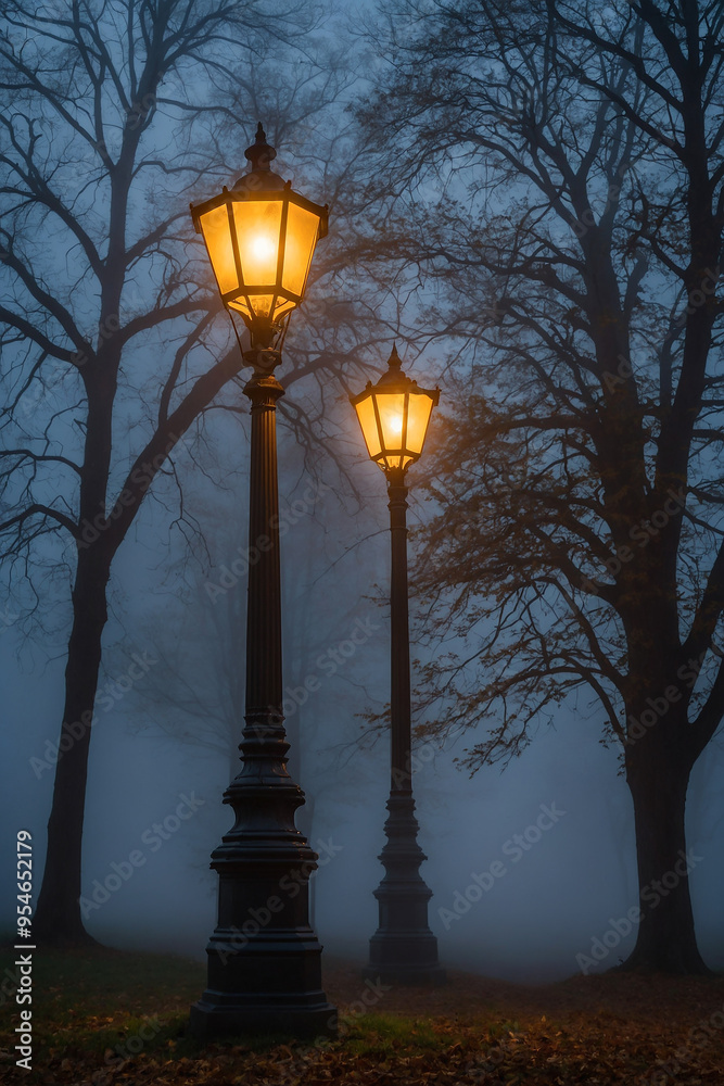 Street lamp glowing on a foggy evening, with misty trees in the background