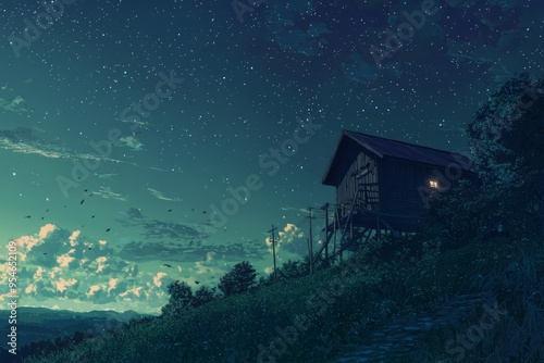 A peaceful hilltop at night with twinkling stars and the distant hum of nature. Cozy vibe, Generative AI