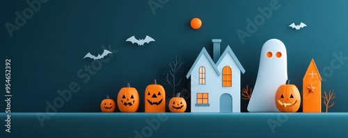 A whimsical Halloween scene featuring pumpkins, a ghost, bats, and a haunted house. Perfect for festive celebrations.