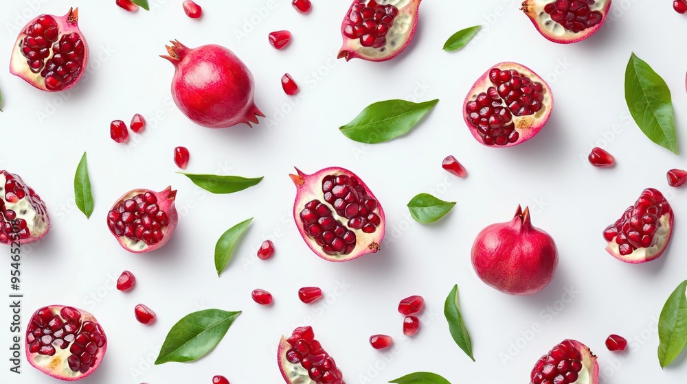 A vibrant arrangement of pomegranates and leaves on a white background. A vibrant arrangement of pomegranates and leaves on a white background.