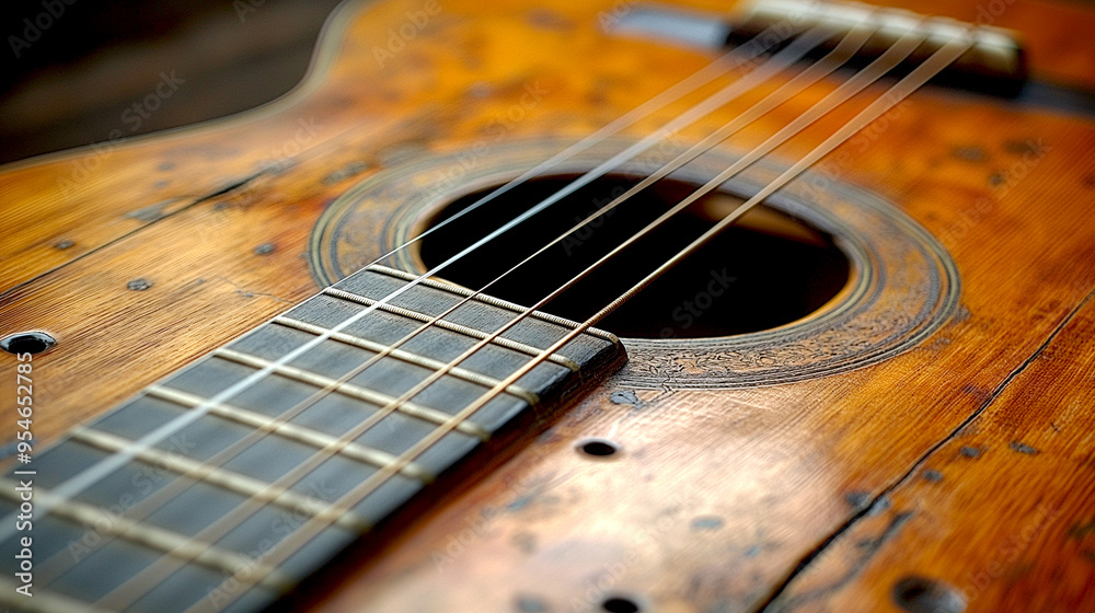 Fototapeta premium Closeup wooden acoustic guitar, top view for part of neck and body with wooden top