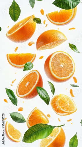 Flying fresh raw whole and sliced oranges with leaves on white background. Falling oranges