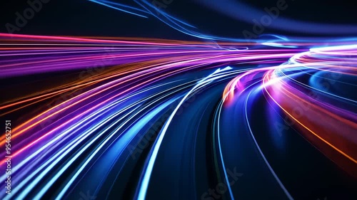 Neon light trails in motion on a dark background, futuristic speed and technology concept