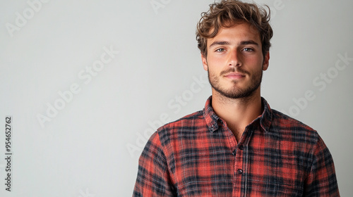 European man in plaid shirt standing on white background