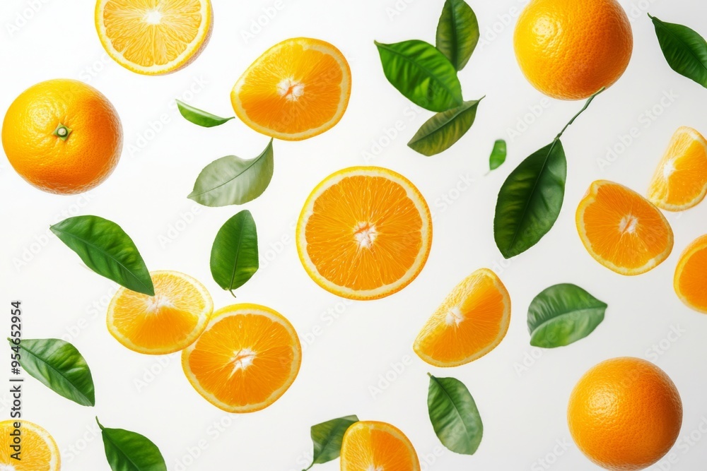 Flying fresh raw whole and sliced oranges with leaves on white background. Falling oranges Flying fresh raw whole and sliced oranges with leaves on white background. Falling oranges