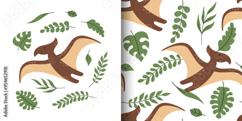 Cute vector childish poster and seamless pattern with pterodactyl