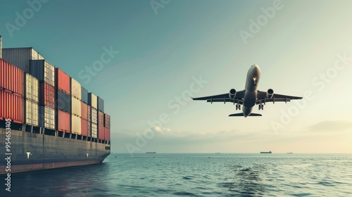 a cargo plane taking off against a clear sky, representing international shipping and logistics operations.