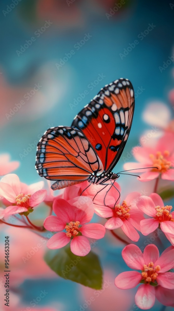 Naklejka premium Butterfly sitting on pink flowers against a nature background