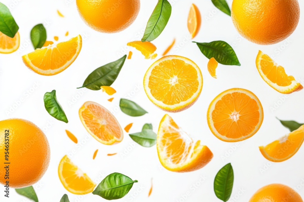 Flying fresh raw whole and sliced oranges with leaves on white background. Falling oranges Flying fresh raw whole and sliced oranges with leaves on white background. Falling oranges