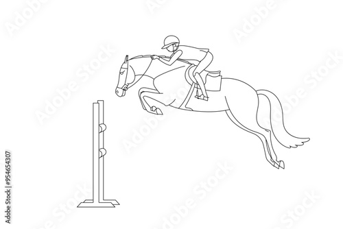 Equestrian rider jumping over a hurdle with a horse in a simplified line drawing style