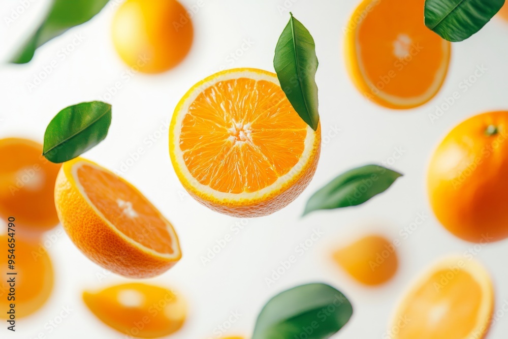 Fototapeta premium Flying fresh raw whole and sliced oranges with leaves on white background. Falling oranges