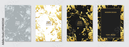 Cover design set. Textured marble backgrounds, gold texture. Geometric abstract pattern with spots, cracks, scratches. Art collection, grunge overlay layer. Vertical templates.