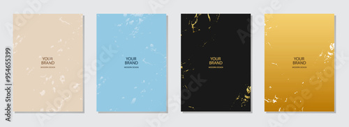 Cover design set. Textured colorful marble backgrounds, gold texture. Geometric abstract pattern with spots, cracks, scratches. Art collection, grunge overlay layer. Vertical templates.