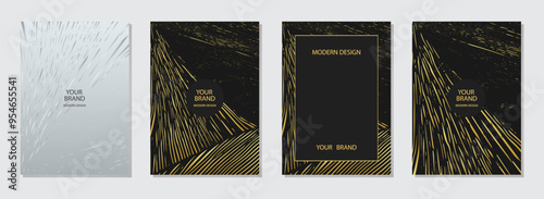 Cover design set. Line texture backgrounds, gold texture. Geometric abstract pattern with spots, cracks, scratches. Original collection, grunge overlay layer. Vertical templates.