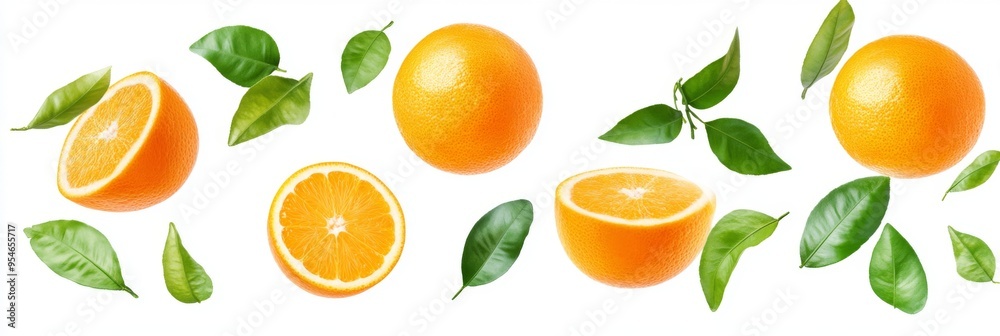 Flying fresh raw whole and sliced oranges with leaves on white background. Falling oranges Flying fresh raw whole and sliced oranges with leaves on white background. Falling oranges