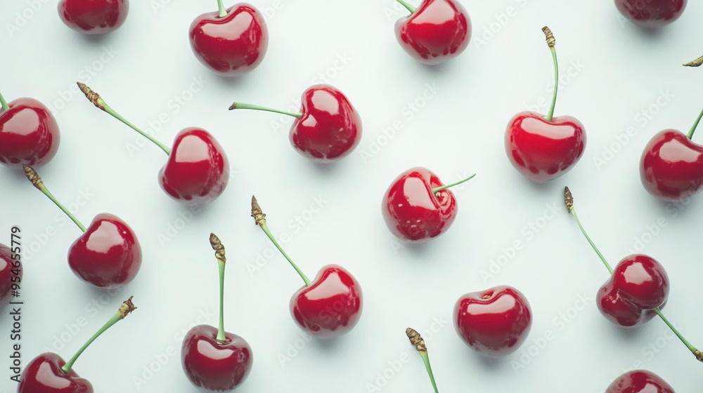 A flat lay of vibrant red cherries arranged on a light background. A flat lay of vibrant red cherries arranged on a light background.