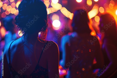 Vibrant Party Atmosphere with Colorful Lights and Blurred Crowd in Nightclub