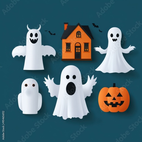 Colorful Halloween ghosts and spooky house with pumpkin, perfect for festive decorations, party invitations, and themed projects.