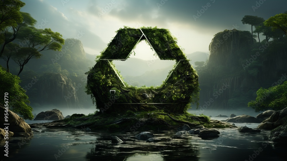Fototapeta premium Nature-Embraced Recycling Symbol. A Call to Action for Climate Preservation and Waste Reduction.