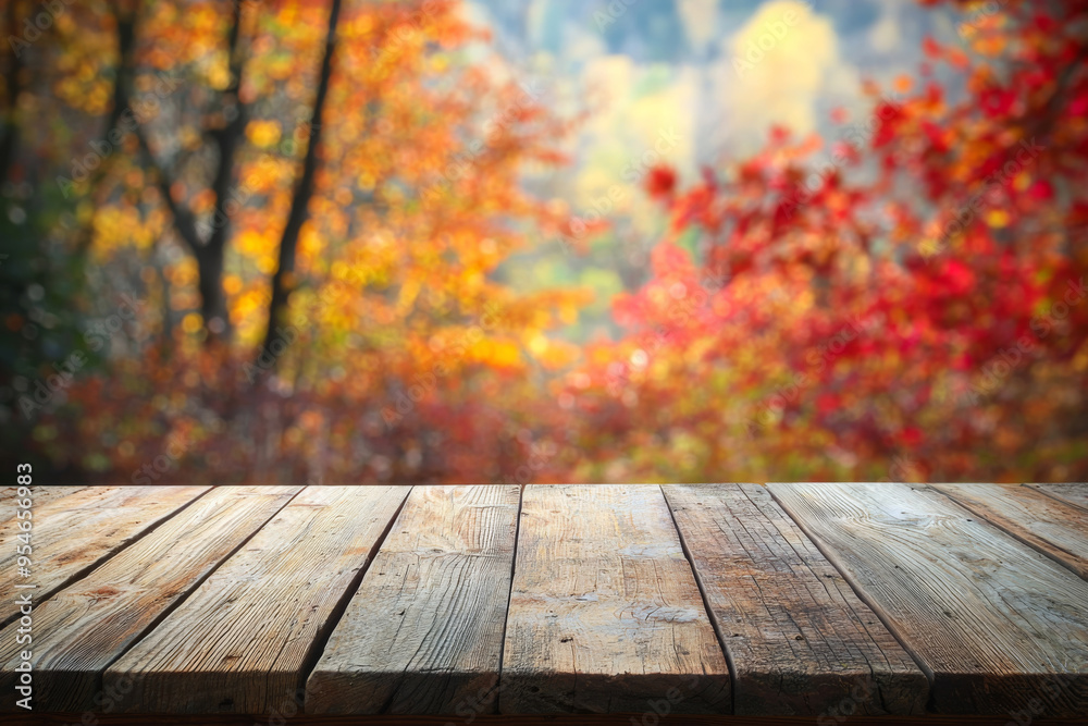 A rustic wooden table in the foreground with a blurred backdrop of vibrant autumn foliage. A rustic wooden table in the foreground with a blurred backdrop of vibrant autumn foliage.