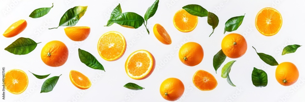 Flying fresh raw whole and sliced oranges with leaves on white background. Falling oranges Flying fresh raw whole and sliced oranges with leaves on white background. Falling oranges