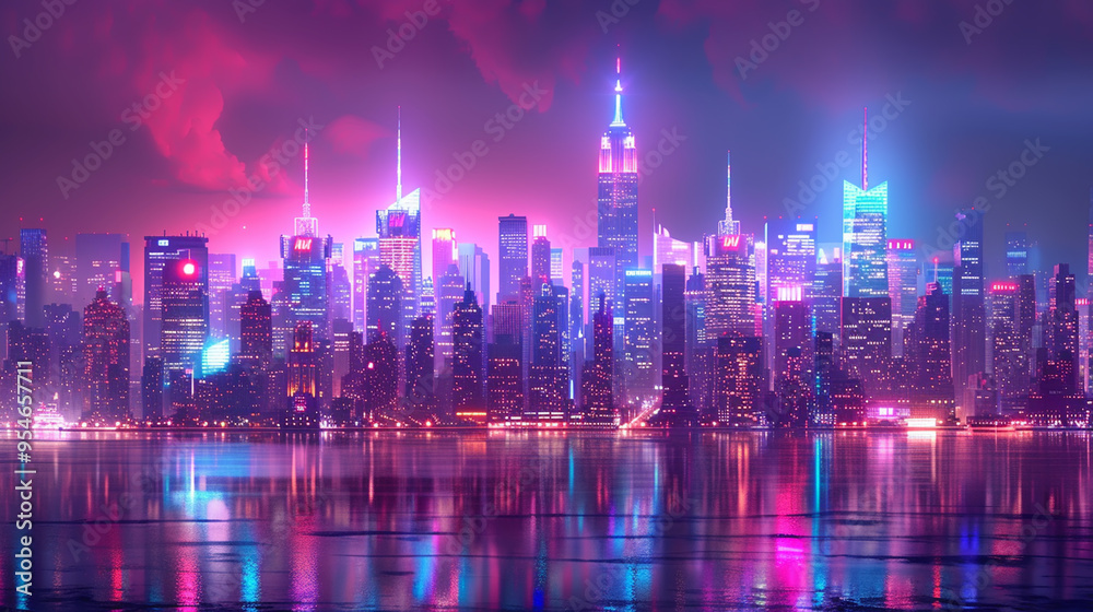 Obraz premium Vibrant Futuristic New York City Skyline at Night with Neon Lights Reflecting on Calm Waters