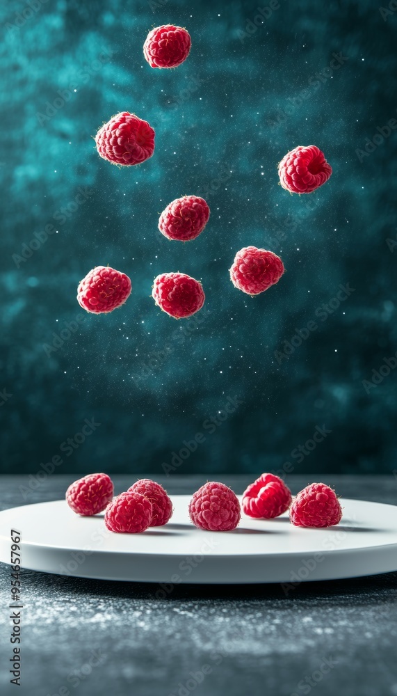 Ripe raspberries falling and resting on a white plate against a teal textured background. Ripe raspberries falling and resting on a white plate against a teal textured background.