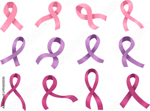 set collection of pink ribbon vector flat illustration for breast cancer awareness month