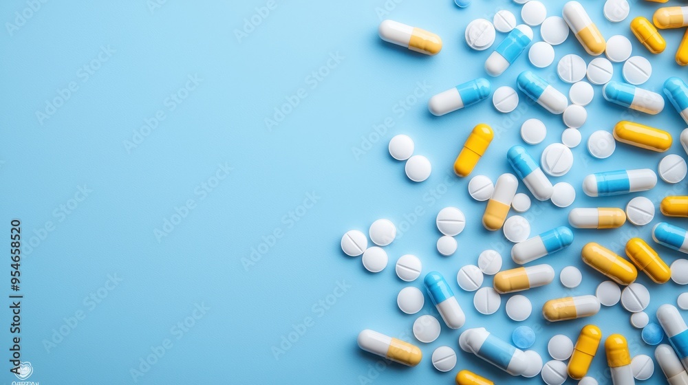 Essential Antibiotics and Medication Displayed on Healthcare Background with Copy Space. Essential Antibiotics and Medication Displayed on Healthcare Background with Copy Space.
