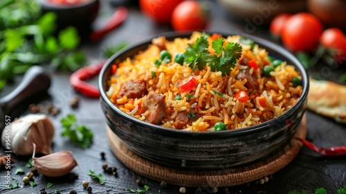 Indian Biryani: A fragrant biryani dish with basmati rice, chicken, and a blend of spices, garnished with fresh herbs.