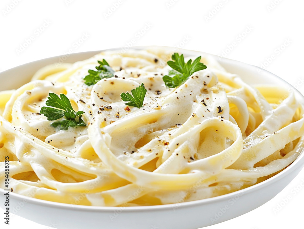 Plates of creamy Fettuccine Alfredo with herbs, isolated on white background. PNG transparent. Plates of creamy Fettuccine Alfredo with herbs, isolated on white background. PNG transparent.