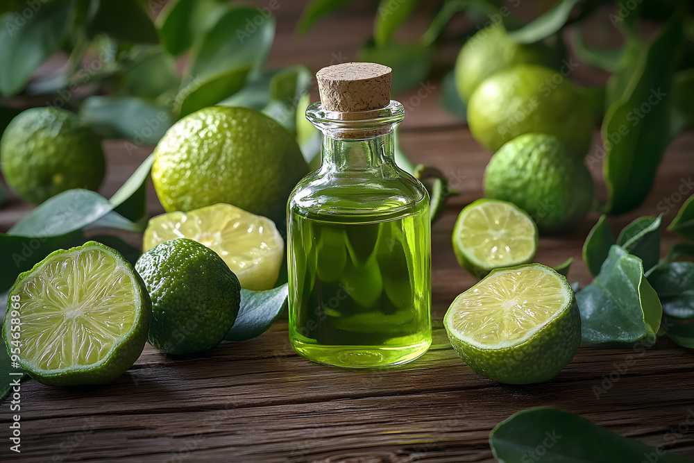 Bottle of bergamot essential oil is standing on a rustic wooden surface surrounded by fresh bergamot fruits and leaves Bottle of bergamot essential oil is standing on a rustic wooden surface surrounded by fresh bergamot fruits and leaves