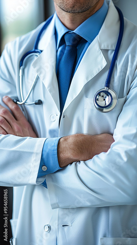 Confident Doctor Wearing White Coat with Stethoscope, Crossed Arms, and Blue Tie in Modern Medical Facility