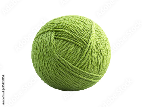 Green ball of yarn with loose end, neatly rolled, isolated on white background. PNG transparent.