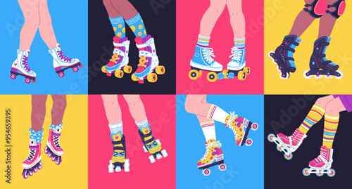 Vector illustration of a set depicting female legs on roller skates on a bright multi-colored background.