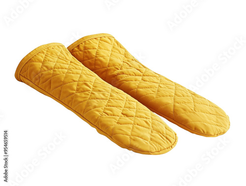 Yellow oven mitts on white background, quilted and practical. photo