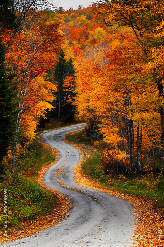 Fototapeta premium Colorful autumn trees on a winding country road in Vermont