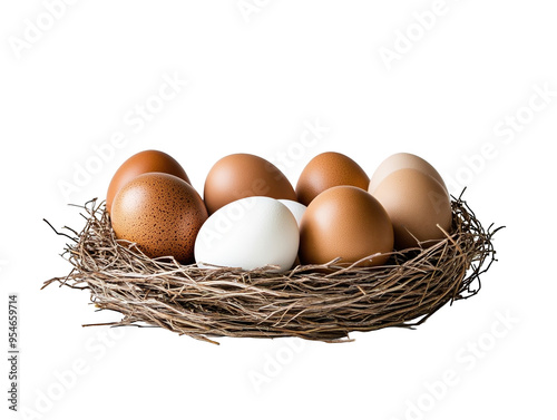 Nest with brown and white eggs on white background, rustic and natural. photo